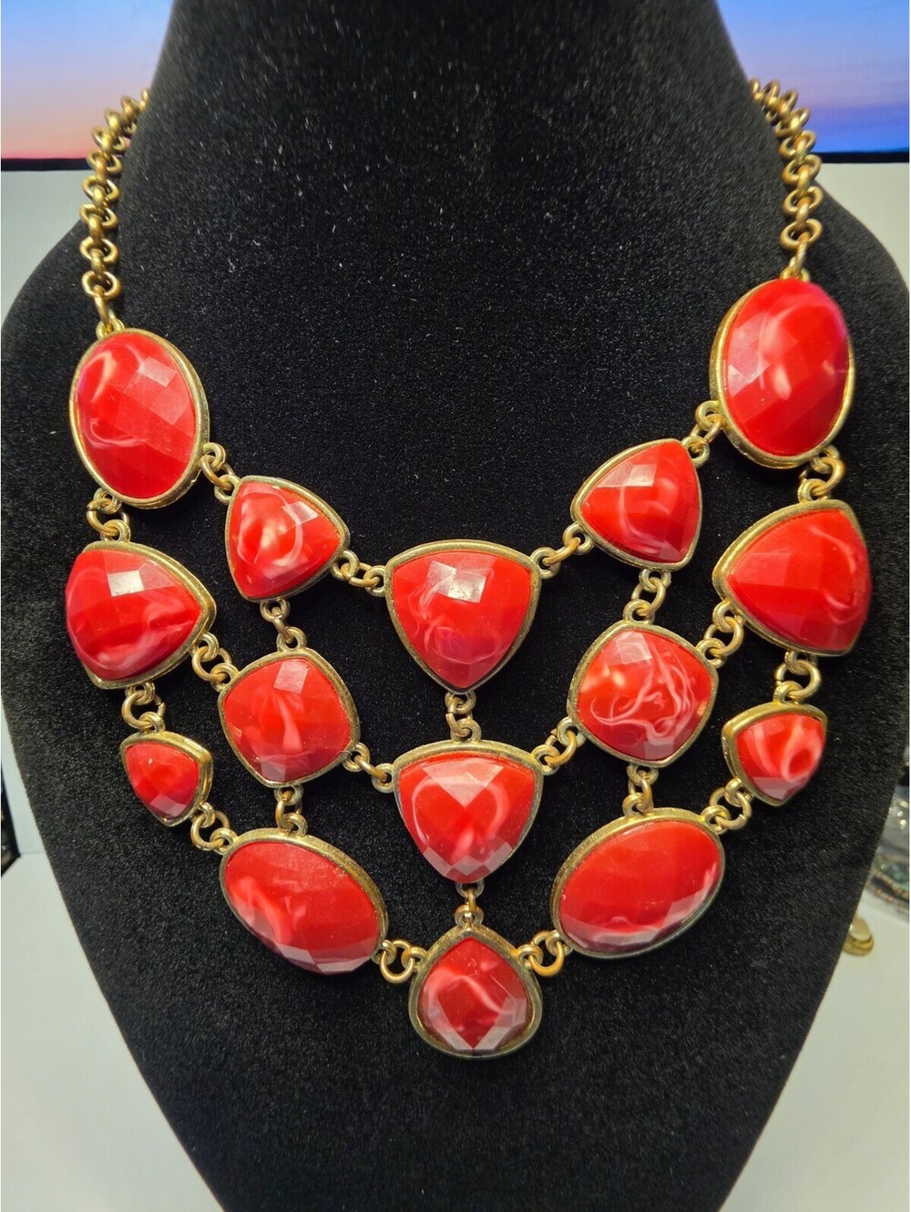 Charming Charlie Red Marble Bib Necklace Gold Tone
